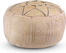 Safaary - Marokkaanse Poef Leer Licht Naturel met Goud Rond