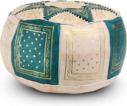 Safaary - Marokkaanse Poef Leer Naturel met Groen-Goud Rond