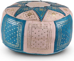 Safaary - Marokkaanse Poef Leer Naturel met Turquoise-Goud Rond