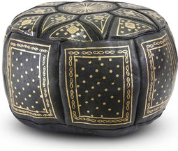 Safaary - Marokkaanse Poef Leer Zwart met Goud Rond