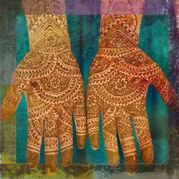 Safaary - Oosters schilderij Mehndi hands Anda Blauw - 70x70 CM