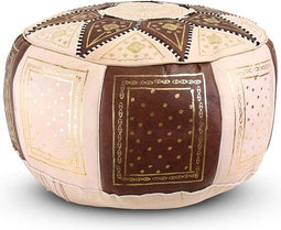 Safaary - Poef Leer Naturel met Bruin-Goud Rond - 50x50 CM