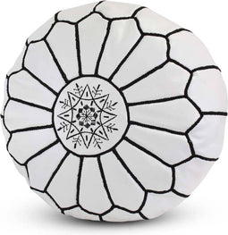 Safaary - Poef Leer Wit-Zwart Rond - 50x50 CM