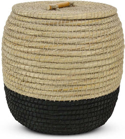 Safaary - Rieten Mand met Deksel van Zeegras Naturel-Zwart - 46x46 CM