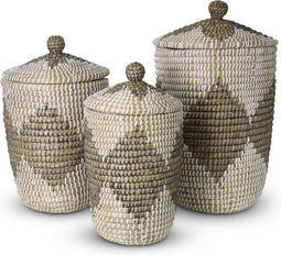 Safaary - Rieten Mand met Deksel van Zeegras Zwart - Wit - 39x39 CM