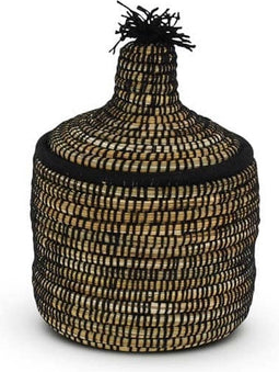 Safaary - Rieten Mand van Zeegras Natural-Zwart Pompom-Ø 21 x 27cm