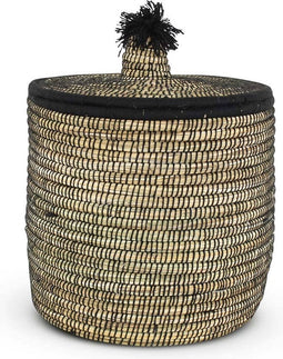 Safaary - Rieten Mand van Zeegras Natural-Zwart Pompom - Ø 41 x 56cm