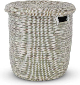 Safaary - Rieten Opbergmand met Deksel van Zeegras Wit -Ø 33 x 38cm