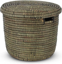 Safaary - Rieten Opbergmand met Deksel Zeegras Naturel-Zwart-Ø 33 x 38cm