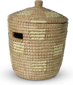 Safaary - Rieten Wasmand met Deksel van Zeegras Naturel - Goud - 52x52 CM