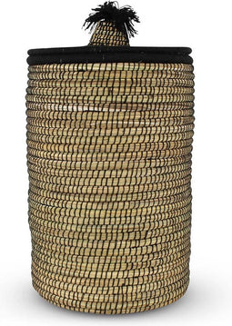Safaary - Rieten Wasmand met Deksel van Zeegras Naturel-Zwart