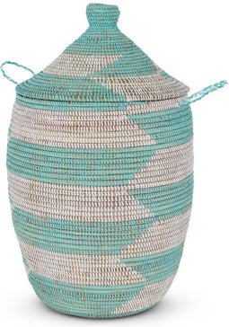 Safaary - Rieten Wasmand met Deksel van Zeegras Turquoise-Ø 37 x 65cm