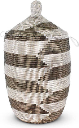 Safaary - Rieten Wasmand met Deksel van Zeegras Zwart-Wit ZigZag
