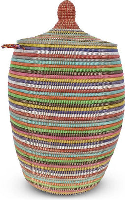 Safaary - Rieten Wasmand met Deksel Zeegras Multi-Kleur Gestreept - Ø 45 x 80cm