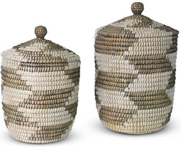 Safaary - Rieten Wasmand met Deksel Zeegras Zwart-Wit - 40x40 CM