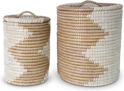 Safaary - Wasmand met deksel van Zeegras Goud-Wit - Groot Ø 42cm - Klein Ø 30cmxGroot Ø 42cm - Klein Ø 30cm CM