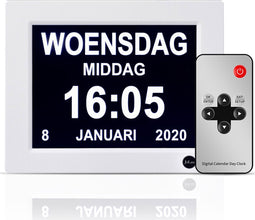 Safe Age® Dementieklok met medicijnwekker & fotolijstfunctie - dag, tijd & dagdeel weergave - digitale kalenderklok - Alzheimerklok / Seniorenklok