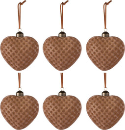 J-Line kerstbal Hart - fluweel/glas - bruin - small - doos van 6