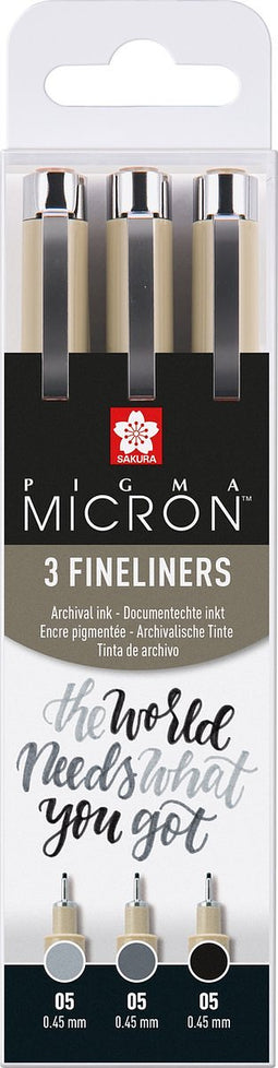 Sakura Pigma Micron 05 fineliner set | 3 pennen, zwart & grijs