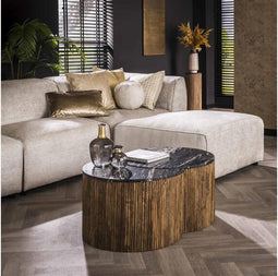 Salontafel Luna Set van 2 mangohout zwart marmer - modern elegant design - set van twee salontafels