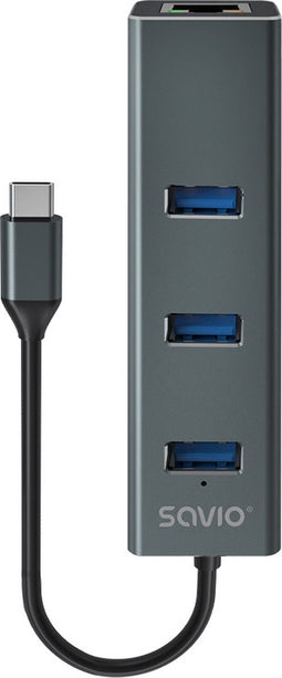 Savio AK-57 USB-C - 3 x USB-A HUB with RJ-45 Gigabit Ethernet adapter 5000 Mbit/s grey 2 x USB 3.2 Gen 2 (3.1 Gen 2) Type-C 1000 Mbit/s