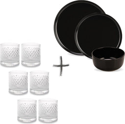 GLAMOMAX'S Choice - Baltic Black Bond Vintage Serviesset - 24-Delig - 6 Persoons - Zwart Servies - inclusief 6 S&P Drinkglazen (32CL) - Vaatwasserbestendig - Waterglazen - Kerstservies - Zwarte Bordenset met Tumblers