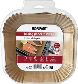 Scanpart Airfryer bakpapier wegwerpbakjes - Vierkant 16x16cm bodem - 100 stuks - Geschikt voor Bestron Bourgini Caso DeLonghi Domo Emerio Fritel Inventum Koenic Montana Ninja Nova Philips Princess Russell Hobbs Severin Tefal Tristar heteluchtfriteuse
