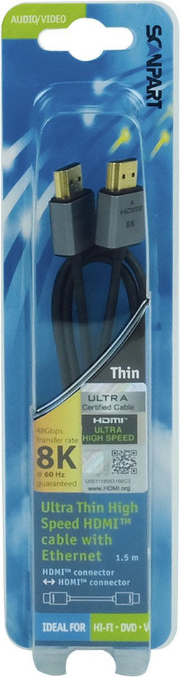 Scanpart dunne HDMI kabel 1.5 meter - 8K@60Hz - Ultra HD HDMI kabel - Ultra High Speed with Ethernet - 48 Gbps - HDMI 2.1 - Dynamic HDR - eARC - Game Mode VRR - DSC - ALLM