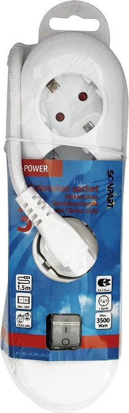 Scanpart stekkerdoos 3 voudig met schakelaar 1.5 meter - Stekkerblok met randaarde - Wit