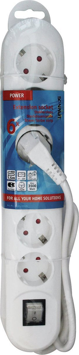 Scanpart stekkerdoos 6 voudig met schakelaar 1.5 meter - Stekkerblok met randaarde - Wit