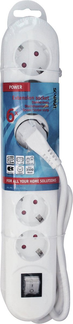 Scanpart stekkerdoos 6 voudig met schakelaar 3 meter - Stekkerblok met randaarde - Wit