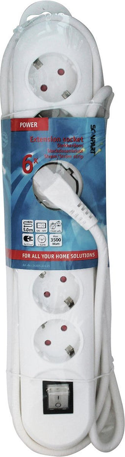 Scanpart stekkerdoos 6 voudig met schakelaar 5 meter - Stekkerblok met randaarde - Wit