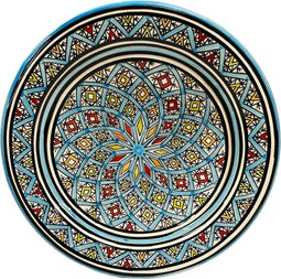 Schaal aardewerk 35 cm turquoise blauw met verschillende kleuren