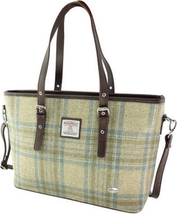 Schoudertas Spey Beige Stewart en zacht Groen - Groot - Ritssluiting - Harris Tweed - Glen Appin of Scotland