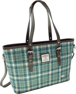 Schoudertas Spey Lichtblauw en Creme (Duck Egg and Cream) - Groot - Ritssluiting - Harris Tweed - Glen Appin of Scotland