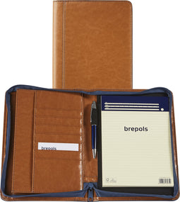 Schrijfmap Brepols A5 Palermo luxe met rits en blok camel - lichtbruin