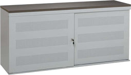Schuifdeurkast met geperforeerde deuren breed 160CM diep 45CM hoogte 72,5CM bladkleur Halifax Eiken framekleur Aluminium (RAL9006)