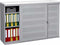 Schuifdeurkast met geperforeerde deuren breed 166CM diep 40CM hoogte 100CM bladkleur Logan eiken framekleur Aluminium (RAL9006)