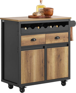 SoBuy FKW122-SCH - Keukenwagen - 2 Laden 2 Deuren Flessenhouder - Vintage Bruin 89x40x87 cm