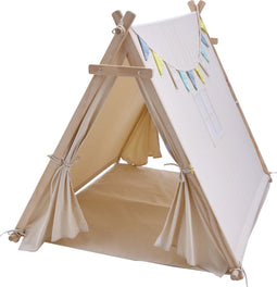 Sunny Sienna Speeltent met vlaggen en vloermat Crème – Wigwam Tipi Tent voor kinderen met Slinger & Opbergtas - Stokken FSC hout - 120x100x105cm