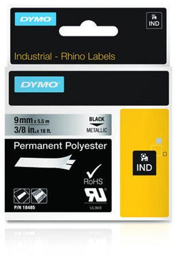 DYMO Rhino - Industriële labels - Permanent Polyester - 9 mm x 3,5 m zwart op metallic