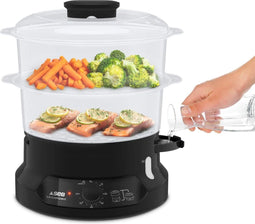 SEB VC139800 Minicompact stoomkoker, 2 stapelbare kommen, rijst- en graantank, timer, automatische stop, zichtbaar waterniveau