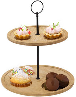 Secret de Gourmet Serveerplank 2 laags - D25 cm - bamboe/metaal - kaasplankje - etagiere - tapas plateau - dienblad