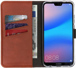 Selencia Hoesje Geschikt voor Huawei P20 Lite Hoesje Met Pasjeshouder - Selencia Echt Lederen Bookcase - Bruin