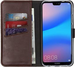 Selencia Hoesje Geschikt voor Huawei P20 Lite Hoesje Met Pasjeshouder - Selencia Echt Lederen Bookcase - Bruin