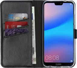 Selencia Hoesje Geschikt voor Huawei P20 Lite Hoesje Met Pasjeshouder - Selencia Echt Lederen Bookcase - Zwart