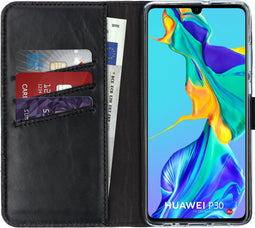 Selencia Hoesje Geschikt voor Huawei P30 Hoesje Met Pasjeshouder - Selencia Echt Lederen Bookcase - Zwart