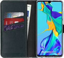 Selencia Hoesje Geschikt voor Huawei P30 Hoesje Met Pasjeshouder - Selencia Echt Lederen Bookcase - Groen