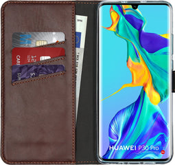 Selencia Hoesje Geschikt voor Huawei P30 Pro Hoesje Met Pasjeshouder - Selencia Echt Lederen Bookcase - Bruin