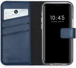 Selencia Hoesje Geschikt voor iPhone 12 Mini Hoesje Met Pasjeshouder - Selencia Echt Lederen Bookcase - Blauw